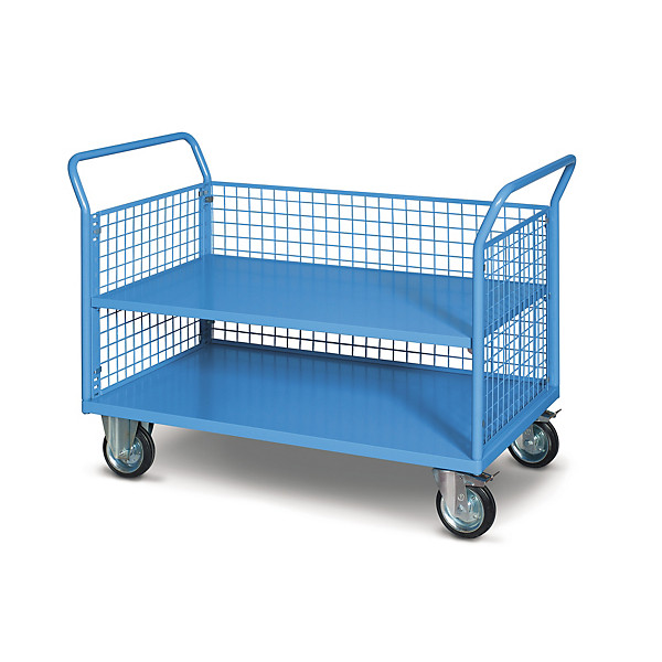 Carrello con 3 sponde in rete e 2 ripiani in lamiera 2 ruote fisse 2 girevoli con freno 966 x 695 x 1013 mm portata 400 kg - 1