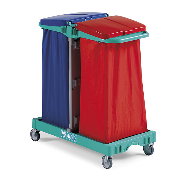 Carrello per pulizie a 2 reparti con portasacco per raccolta differenziata