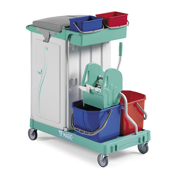 Carrello per pulizie multiuso a 2 reparti con portasacco chiuso e strizzatore con secchi