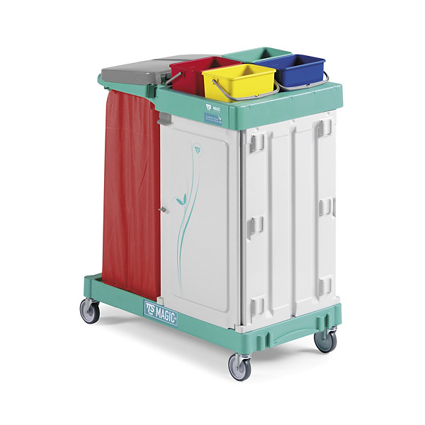 Carrello per pulizie multiuso a 2 reparti con portasacco e vano chiuso porta oggetti