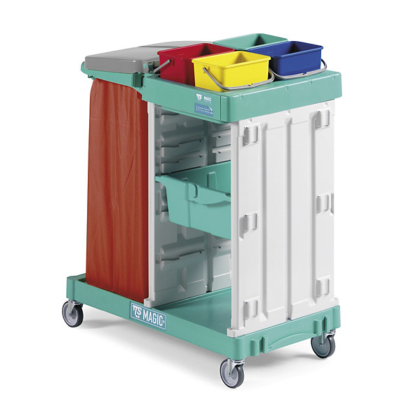 Carrello per pulizie multiuso a 2 reparti con portasacco e vano con cassetto porta oggetti