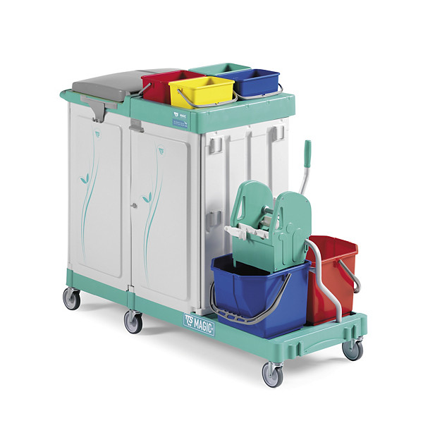 Carrello per pulizie multiuso a 3 reparti con portasacco e vano porta oggetti chiuse e strizzatore con secchi
