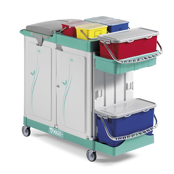 Carrello per pulizie multiuso a 3 reparti con portasacco e vano porta oggetti chiusi e vaschette porta acccessori