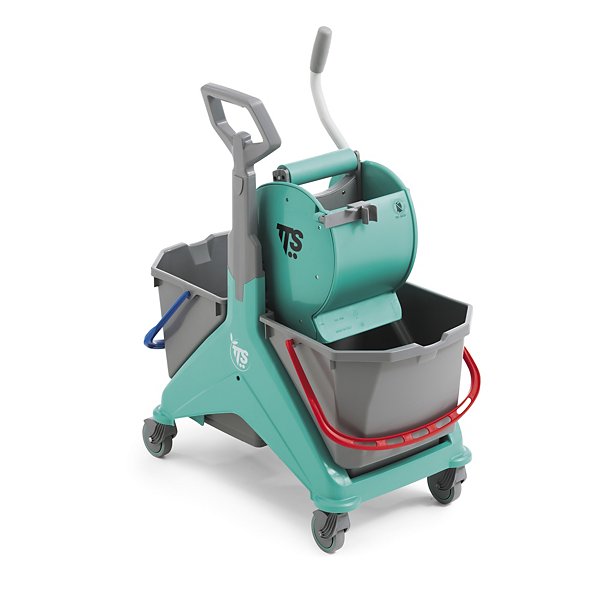 Carrello per pulizie verde 74,5 x 38 x 99 cm con strizzatore a rullo e doppio secchio 2x25 litri  - 3