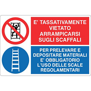 Cartello segnaletico multisimbolo È tassativamente vietato arrampicarsi sugli scaffali, Alluminio, 50 x 33,3 cm