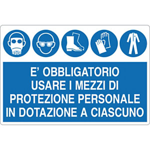 Cartello segnaletico È obbligatorio usare i mezzi di protezione personale in dotazione a ciascuno, Alluminio, Non adesivo, 50 x 33,3 cm