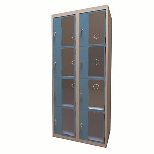 Casiers consigne à monnayeur , portes transparentes , 2 colonnes de 4 cases larg.400 mm, anthracite/ bleu