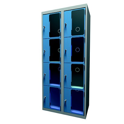 Casiers consigne à monnayeur , portes transparentes , 2 colonnes de 4 cases larg.400 mm, anthracite/ bleu - 1
