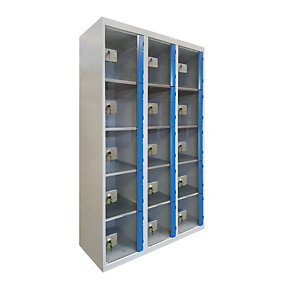 Casiers consigne à monnayeur , portes transparentes , 3 colonnes de 5 cases larg. 300 mm, anthracite/ bleu