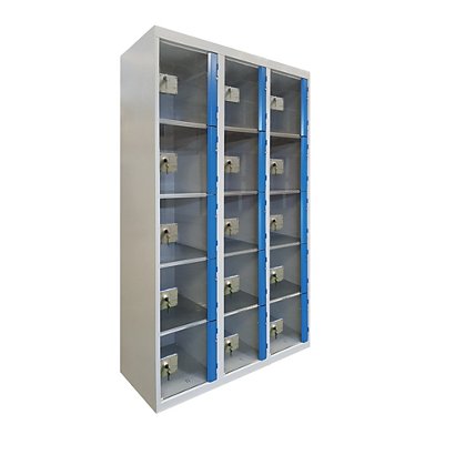 Casiers consigne à monnayeur , portes transparentes , 3 colonnes de 5 cases larg. 300 mm, anthracite/ bleu - 1
