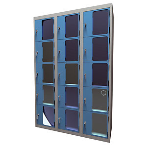 Casiers consigne à monnayeur, portes transparentes , 3 colonnes de 5 cases larg. 400 mm, anthracite/ bleu