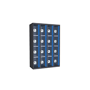 Casiers consigne à monnayeur , portes transparentes, 4 colonnes  de 4 cases larg.300 mm, anthracite/ bleu