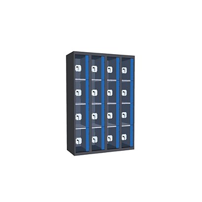 Casiers consigne à monnayeur , portes transparentes, 4 colonnes  de 4 cases larg.300 mm, anthracite/ bleu - 1