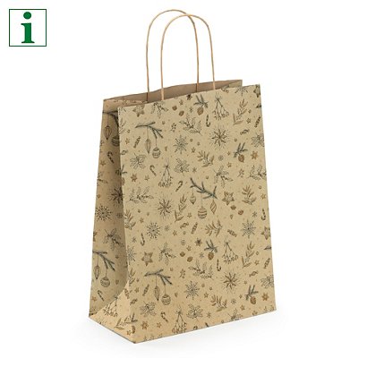 Christmas Holly grass fibre Kraft paper gift bags, 240x320x120mm, pack of 50
