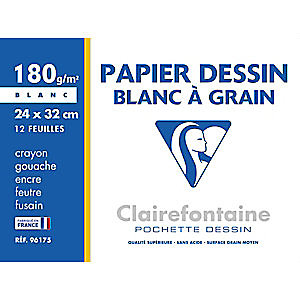 Clairefontaine Papier dessin à grain 24 x 32 cm 180 g  - Pochette 12 feuilles blanches