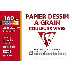 Clairefontaine Papier dessin à grain A4  160 g- Pochette 12 feuilles couleurs vives assorties