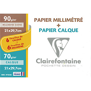 CLAIREFONTAINE Pochette de 12 feuilles 70g 6 feuilles papier millimétré et 6 feuilles calque CLAIREFONTAINE Pochette de 12 feuilles 70g 6 feuilles papier millimétré et 6 feuilles calque
