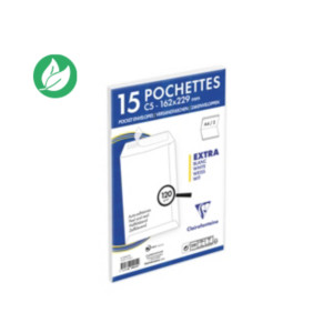 Clairefontaine Pochette blanche recyclée C5 162 x 229 mm 120g sans fenêtre - Autocollante avec bande protectrice - Lot de 15 Clairefontaine Pochette blanche recyclée C5 162 x 229 mm 120g sans fenêtre - Autocollante avec bande protectrice - Lot de 15