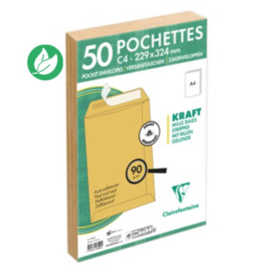Clairefontaine Pochette kraft brun recyclée 229 x 324 mm 90g sans fenêtre - Autocollante avec bande protectrice - Lot de 50 Clairefontaine Pochette kraft brun recyclée 229 x 324 mm 90g sans fenêtre - Autocollante avec bande protectrice - Lot de 50