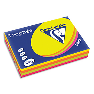 CLAIREFONTAINE Ramette 4x125F papier couleur Trophée 80g A4 assortis fluo Rose,Jaune,vert,Orange