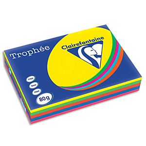 CLAIREFONTAINE Ramette 5x100F papier Trophée 80g A3 assortis intense soleil,menthe,cardinal,BleuT,Fuchsia