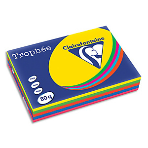 CLAIREFONTAINE Ramette 5x100F papier Trophée 80g A4 assortis intense soleil,menthe,cardinal,BleuT,Fuchsia