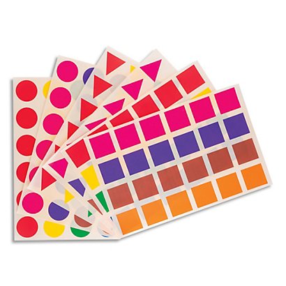 CLEOPATRE Sachet de 48 planches de gommettes : Ronds, Carrés, Triangles de 40mm 8 couleurs différentes.