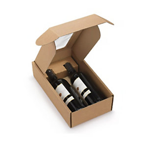 Cofanetto orizzontale per 2 bottiglie con vetrina, 20 x 33,5 x 9 cm, Cartone micro onda rigida, Marrone (confezione 10 pezzi)