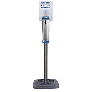 Colonna con dispenser a gomito per gel igienizzante mani e cartello ''Igienizza le tue mani qui'', Acciaio inox Colonna con dispenser a gomito per gel igienizzante mani e cartello ''Igienizza le tue mani qui'', Acciaio inox