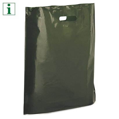 Coloured gloss plastic carrier bags, olive, 390x450x100mm, pack of 100 - 1