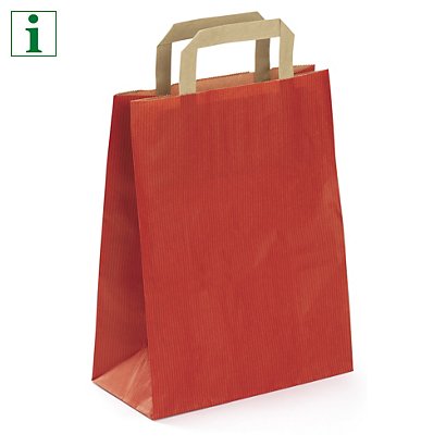 Coloured paper carrier bags with flat handles, red, 220x340x100mm, pack of 50 - 1