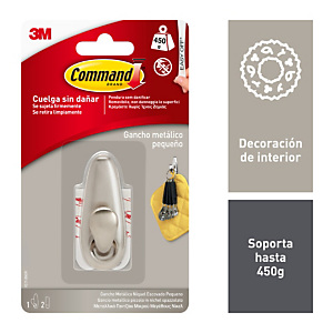 Command™ Gancho metálico con tiras resistentes al agua, níquel cepillado, 1 gancho, 2 tiras pequeñas, 500 g Command™ Gancho metálico con tiras resistentes al agua, níquel cepillado, 1 gancho, 2 tiras pequeñas, 500 g