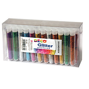 DECO Glitter grana fine - 12ml - colori assortiti  - blister 50 flaconi