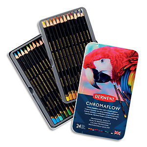 DERWENT ACADEMY DERWENT Boîte métal ''CHROMAFLOW'' de 24 crayons de couleur. Application lisse et veloutée. Mine de 3,5