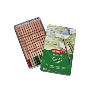 DERWENT Academy Lápices de colores acuerables, hexagonal, pigmentos cremosos, caja metálica de 12 piezas, colores surtidos