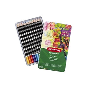 DERWENT Academy Lápices de colores, redondos, pigmentos cremosos, caja metálica de 12 piezas, colores surtidos brillantes