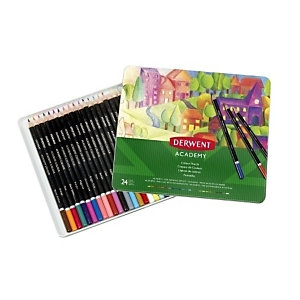 DERWENT Academy Lápices de colores, redondos, pigmentos cremosos, caja metálica de 24 piezas, colores surtidos brillantes