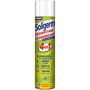 Désodorisant désinfectant 4 en 1 Soligerm de Solipro menthe, aérosol 750 ml Désodorisant désinfectant 4 en 1 Soligerm de Solipro menthe, aérosol 750 ml