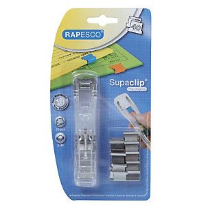 Distributeur Supaclip® 40 transparent Rapesco + 25 pinces en acier inoxydable