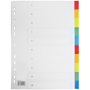 Divisori neutri, 10 scomparti, Polipropilene, Bianco con tasti colorati Divisori neutri, 10 scomparti, Polipropilene, Bianco con tasti colorati