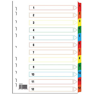 Divisori numerici A4, 12 tasti numerati 1-12, Carta 170 g/m², Bianco con tasti colorati