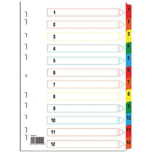 Divisori numerici A4, 12 tasti numerati 1-12, Carta 170 g/m², Bianco con tasti colorati Divisori numerici A4, 12 tasti numerati 1-12, Carta 170 g/m², Bianco con tasti colorati