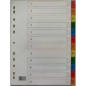 Divisori numerici A4, 12 tasti numerati 1-12, PPL, Bianco con tasti colorati Divisori numerici A4, 12 tasti numerati 1-12, PPL, Bianco con tasti colorati
