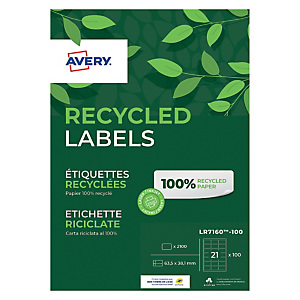 Doos van 2100 100% gerecycleerde witte laser etiketten LR7160 formaat 63.5 x 38,1 mm Avery Doos van 2100 100% gerecycleerde witte laser etiketten LR7160 formaat 63.5 x 38,1 mm Avery
