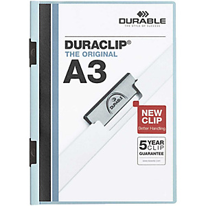 Durable Duraclip®, Dossier de pinza, A3, PVC, 60 hojas, transparente con clip azul Durable Duraclip®, Dossier de pinza, A3, PVC, 60 hojas, transparente con clip azul