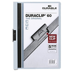 Durable Duraclip®, Dossier de pinza, A4, PVC, 60 hojas, transparente con clip azul claro Durable Duraclip®, Dossier de pinza, A4, PVC, 60 hojas, transparente con clip azul claro