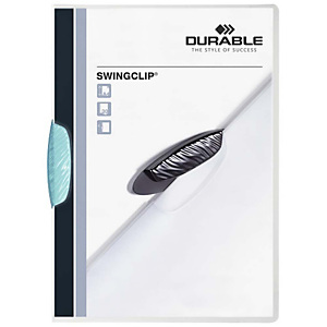 Durable Swingclip®, Dossier de pinza, A4, polipropileno, 30 hojas, transparente con clip azul Durable Swingclip®, Dossier de pinza, A4, polipropileno, 30 hojas, transparente con clip azul