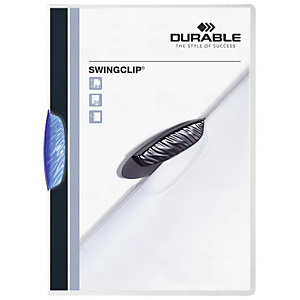 Durable Swingclip®, Dossier de pinza, A4, polipropileno, 30 hojas, transparente con clip azul Durable Swingclip®, Dossier de pinza, A4, polipropileno, 30 hojas, transparente con clip azul
