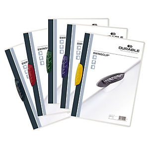 Durable Swingclip®, Dossier de pinza, A4, polipropileno, 30 hojas, transparente con clip colores surtidos Durable Swingclip®, Dossier de pinza, A4, polipropileno, 30 hojas, transparente con clip colores surtidos