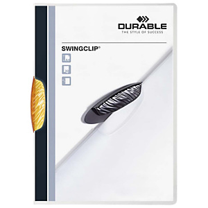 Durable Swingclip®, Dossier de pinza, A4, polipropileno, 30 hojas, transparente con clip naranja Durable Swingclip®, Dossier de pinza, A4, polipropileno, 30 hojas, transparente con clip naranja